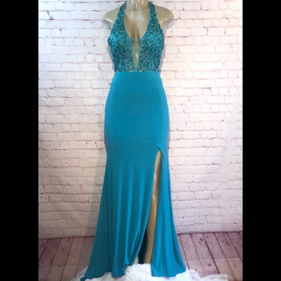 Dresses & Skirts - Aqua blue prom gown with open back and rhinestone